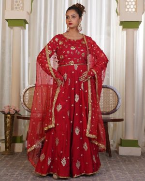 A rich and elegant deep-red long embellished frock