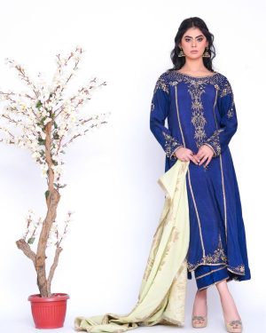 A regal navy-blue long frock, beautifully handcrafted with intricate traditional embellishment